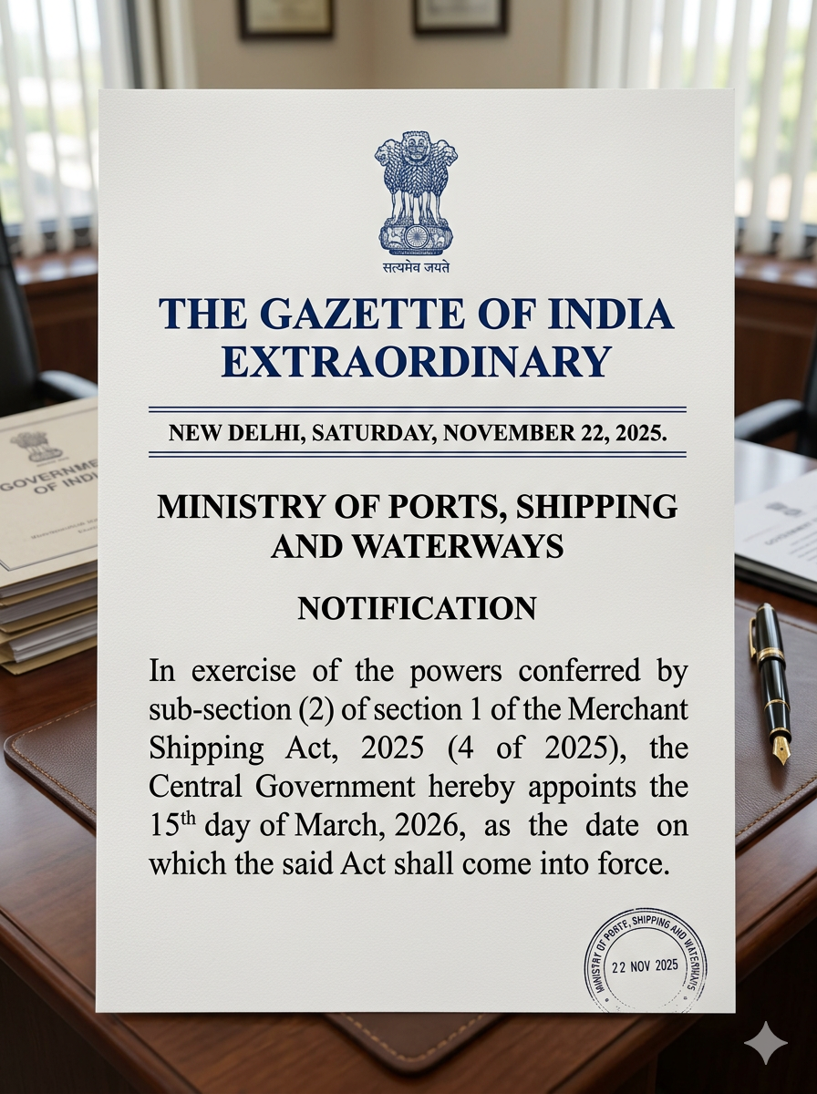 Centre Notifies March 15, 2026, as Commencement Date for Merchant Shipping Act, 2025